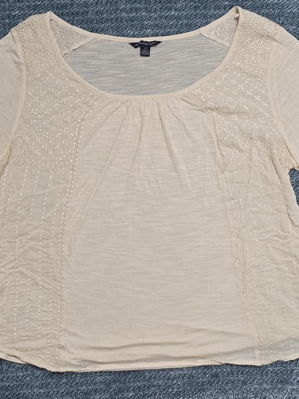 American Eagle Outfitters Cream Embroidered Scoop Neck Short Sleeve Top